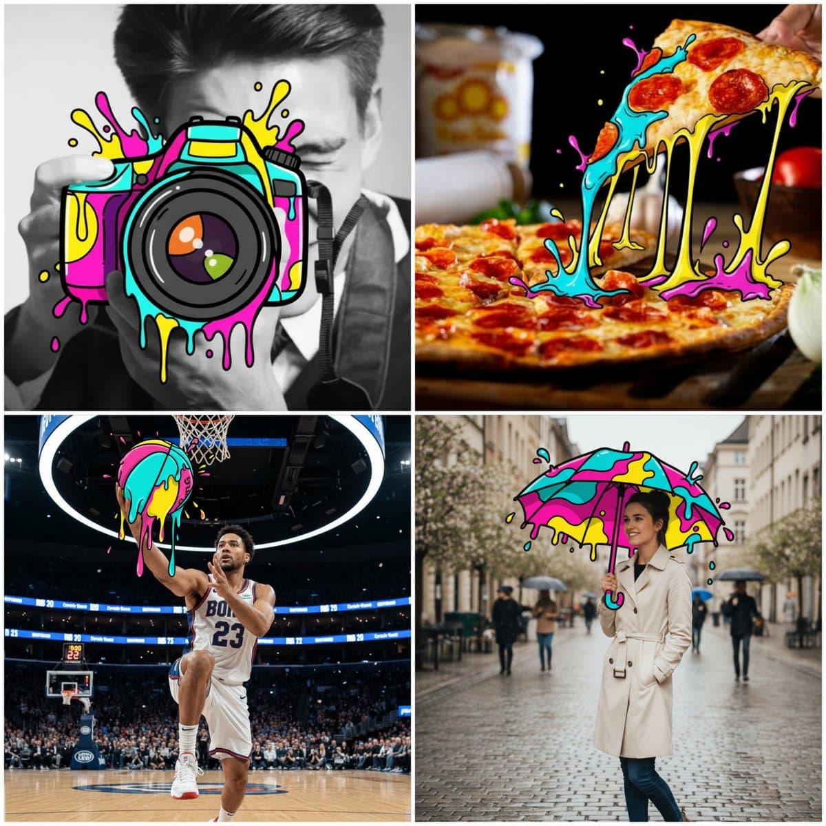 The object transforms into bold cartoon drips.