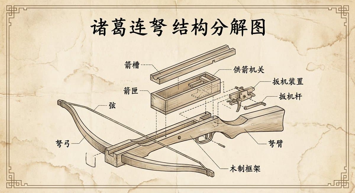 Retro-style Engineering Explosion Diagram of Zhuge Repeating Crossbow