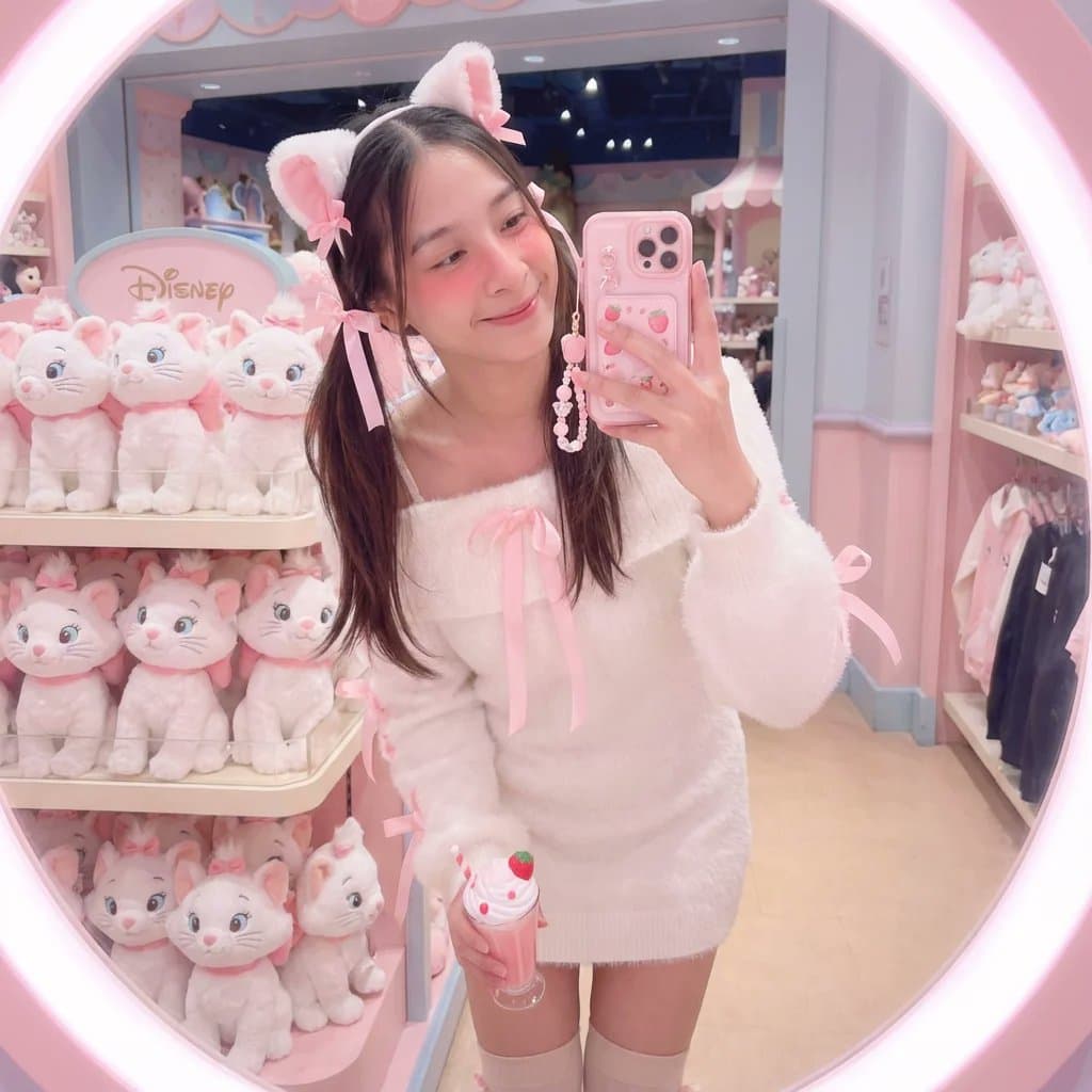 Une jeune femme fait un selfie devant un miroir dans un magasin Disney.